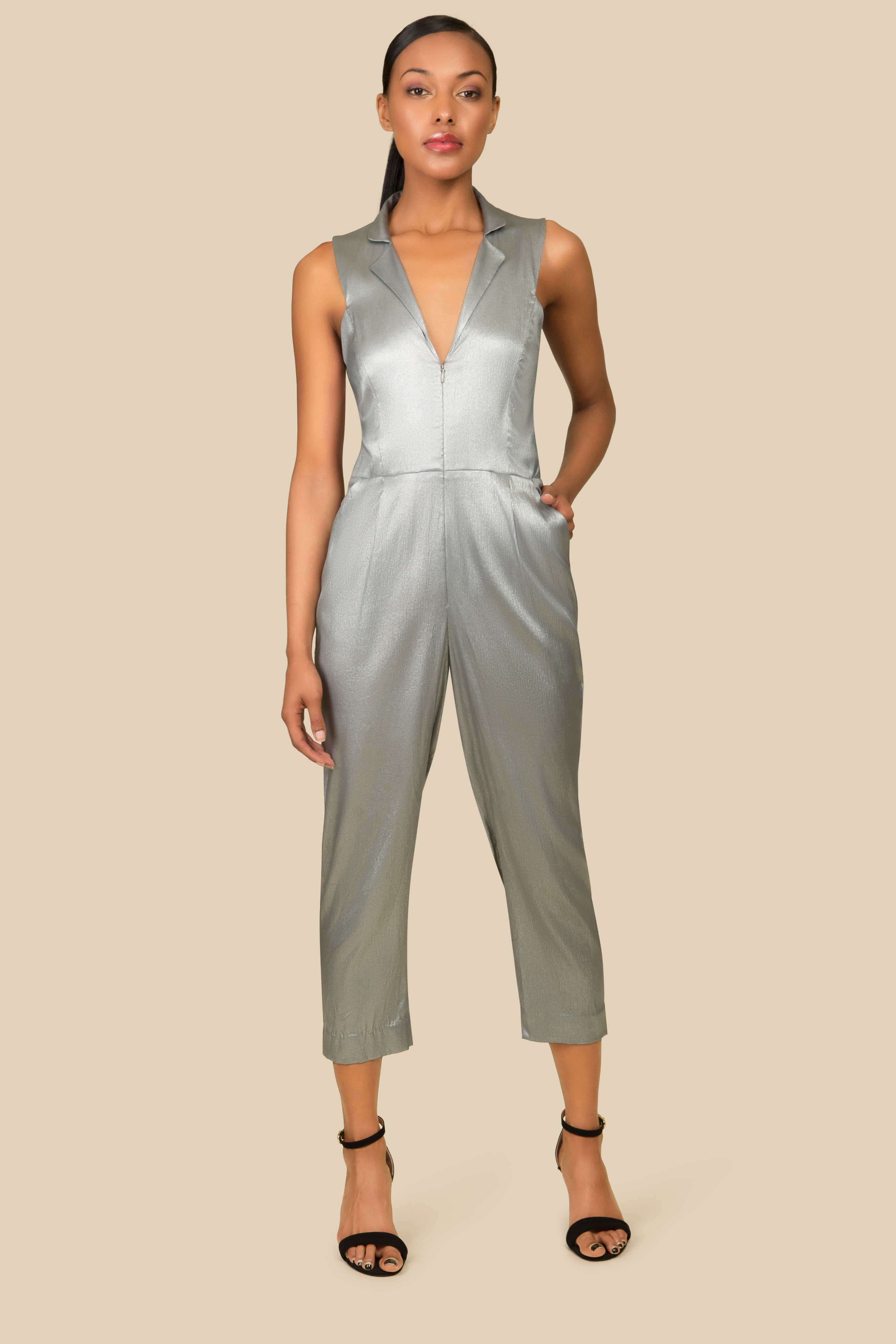 Silver Silk Jumpsuit with front zipper