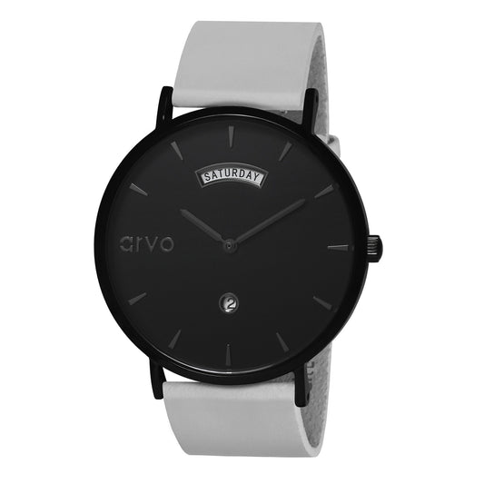 40mm Arvo Black Awristacrat Watch with black dial black case and gray leather band case