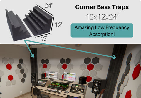 hexagon acoustic panels partnered with corner acoustic foam bass traps