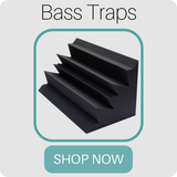 acoustic foam bass traps - charcoal color shown in this picture - with a shop now button