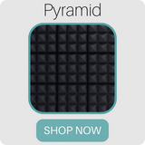 sound proofing acoustic foam pyramid style panels - charcoal color shown in this picture - with a shop now button