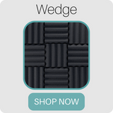 soundproofing acoustic foam wedge style panels - charcoal color shown in this picture - with a shop now button