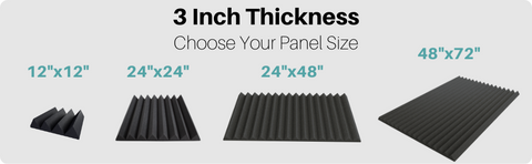 3 inch thick acoustic foam panels - multiple sizes available - 12x12 inches, 24x24 inches, 24x48 inches, 48x72 inches