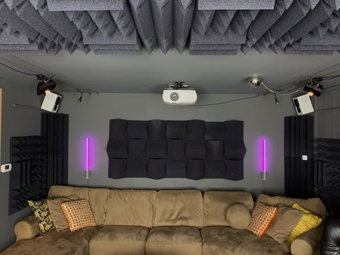 acoustic foam panels installed on the ceiling of a basement home theater