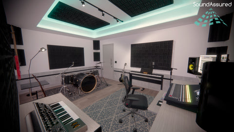 Grid style acoustic foam sheets installed inside of a recording studio
