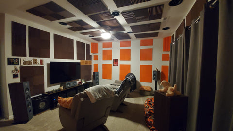 orange and brown 1 inch wedge acoustic foam panels - ceiling installation - home theater 1