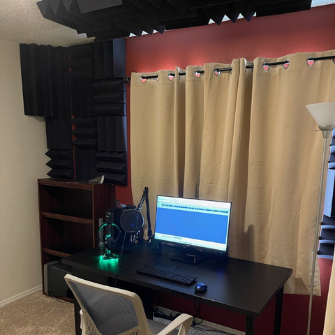 voice over home studio setup with acoustic treatment on the walls and ceiling