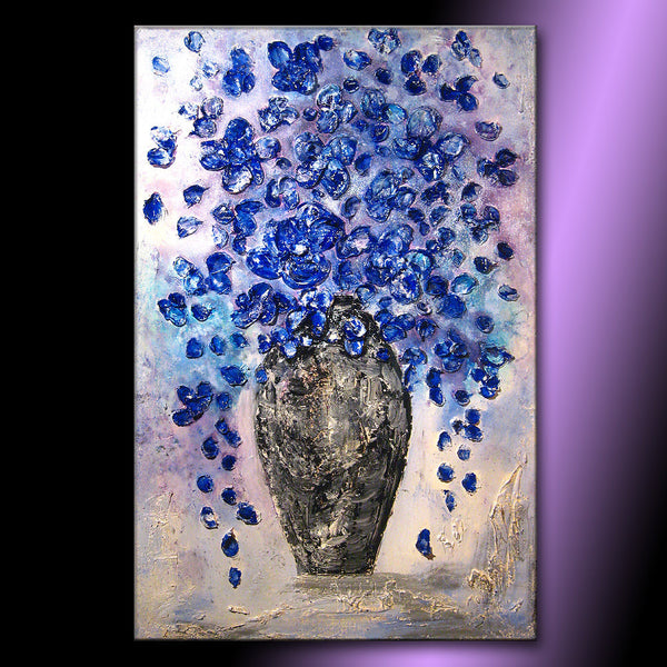 Textured Blue Flowers Bouquet in Vase Contemporary Abstract Painting b ...