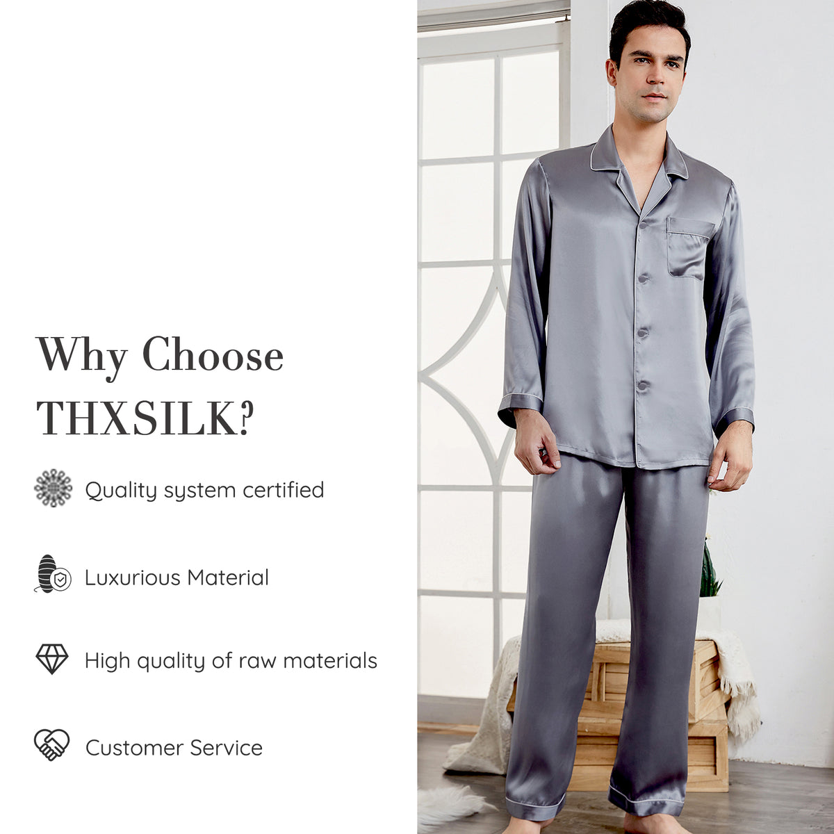 19 Momme Men's V Neck Lapel Collar Silk Pajamas Set | THXSILK