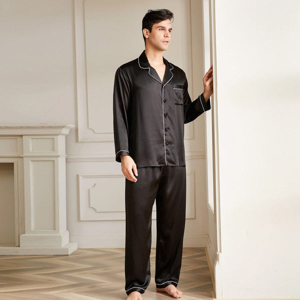 19 Momme Men's V Neck Lapel Collar Silk Pajamas Set | THXSILK