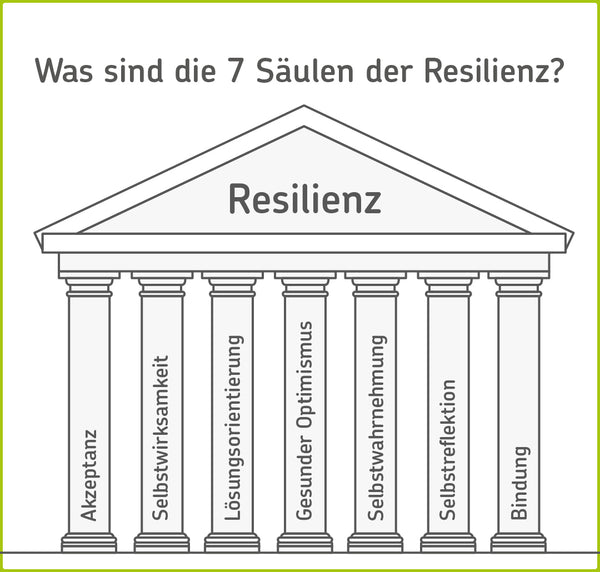 Infografik: 7 Säulen der Resilienz (Akzeptanz, Selbstwirksamkeit, Lösungsorientierung, Gesunder Optimismus, Selbstwahrnehmung, Selbstreflektion, Bindung)