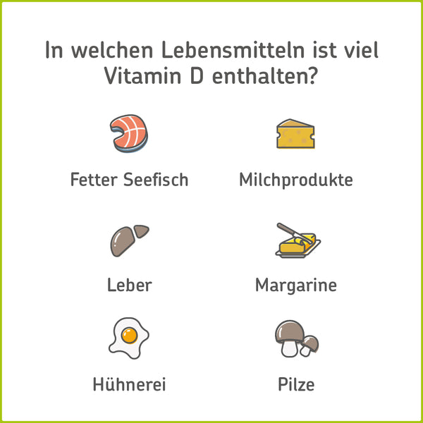 Infografik mit Vitamin-D-reichen Lebensmitteln: Fetter Seefisch, Milchprodukte, Leber, Margarine, Hühnerei, Pilze