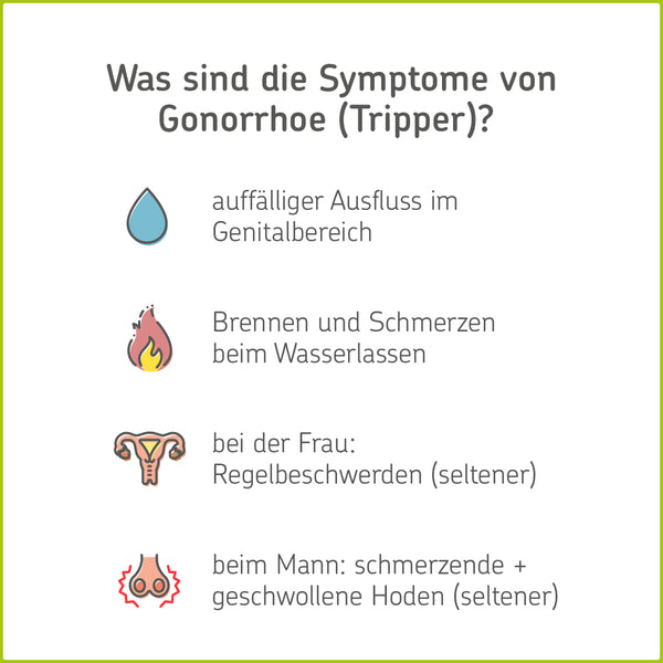 Infografik mit Symptomen der Gonorrhoe: Ausfluss, Brennen und Schmerzen beim Wasserlassen, Regelbeschwerden, schmerzende Hoden