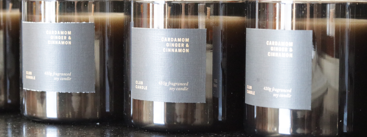 Cardamom, Ginger and Cinnamon candles labelled