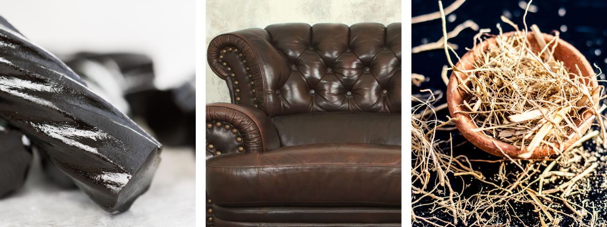 licorice, leather chair, vetiver