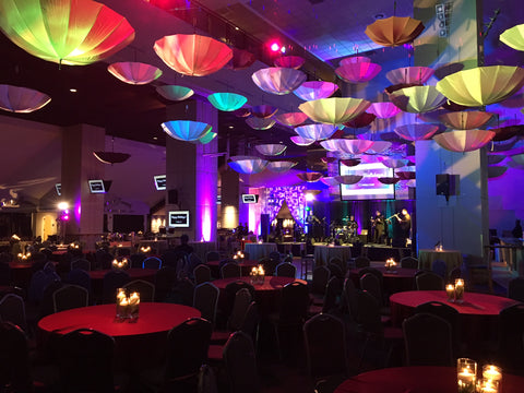 Umbrellas hanging from the ceiling