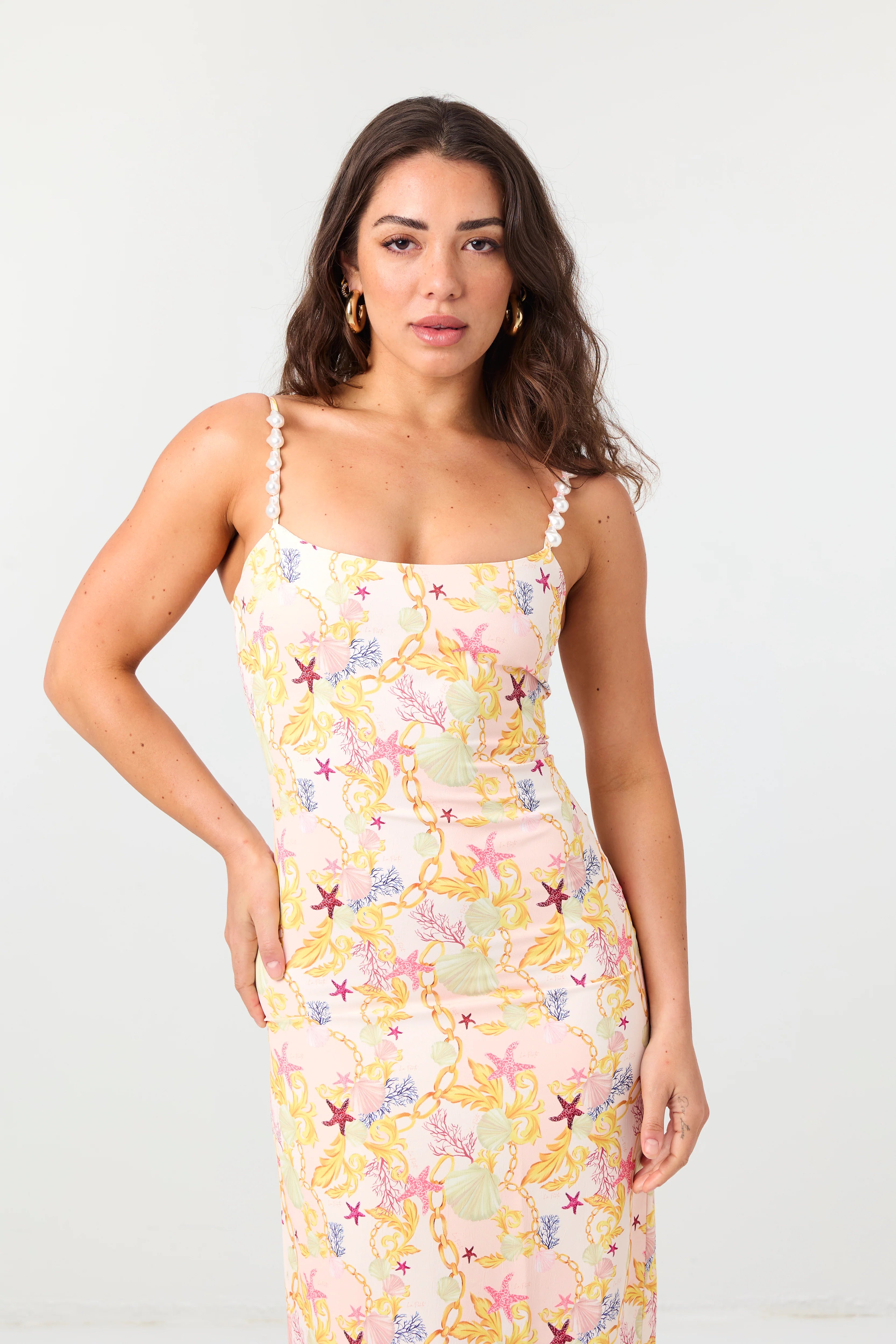 LA PORTE SWIM STAR SHELL PEARL SLIP MAXI DRESS