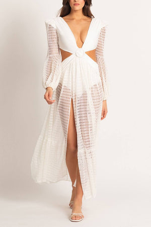 PATBO CUT OUT LONG SLEEVE BEACH DRESS IN WHITE