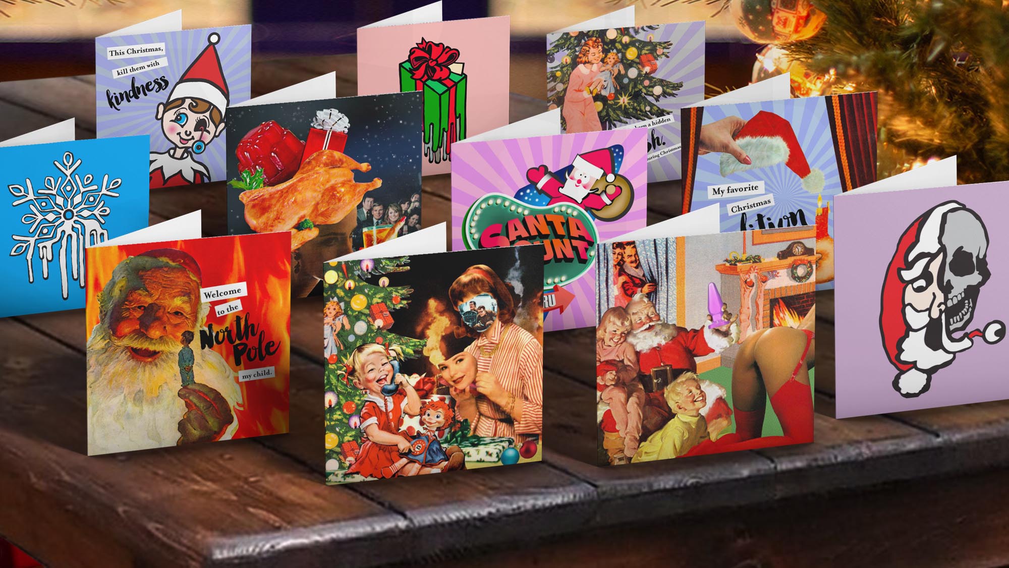 Provocative Christmas greeting cards by Joan Seed