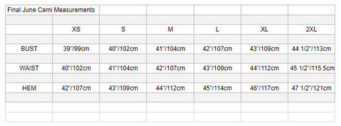 June Cami size chart