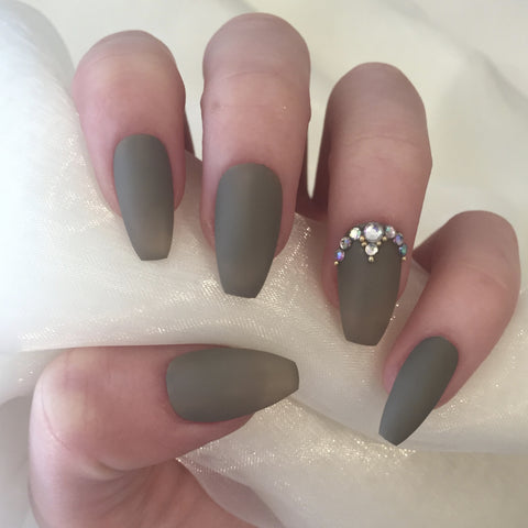 Matte Khaki Coffins With Gold Beads And Rhinestones Nails By Georgia