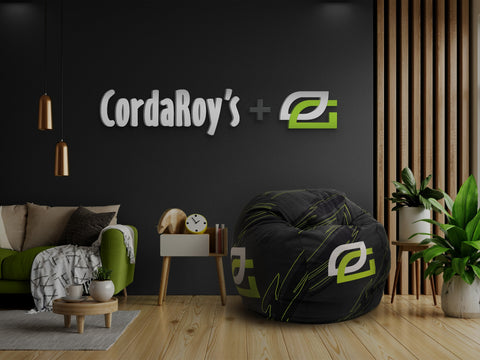 CordaRoy's Optic gaming bean bag chair in a living room.