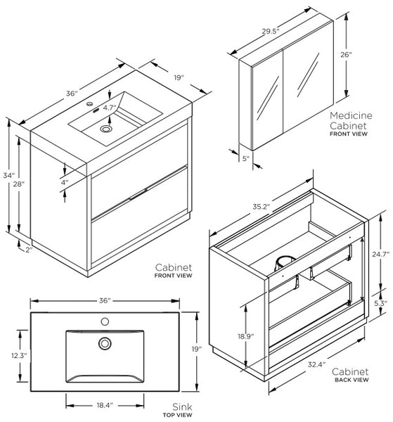  Fresca Valencia Modern Bathrrom Vanity Technical Drawing