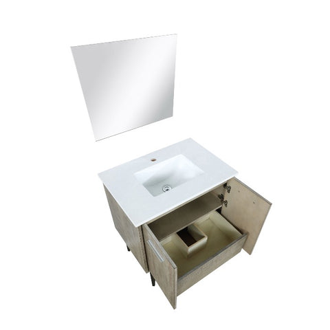 Lexora Lancy Modern 30" Rustic Acacia Bathroom Vanity w/ White Quartz Top, and 28" Frameless Mirror | LLC30SKSOSM28