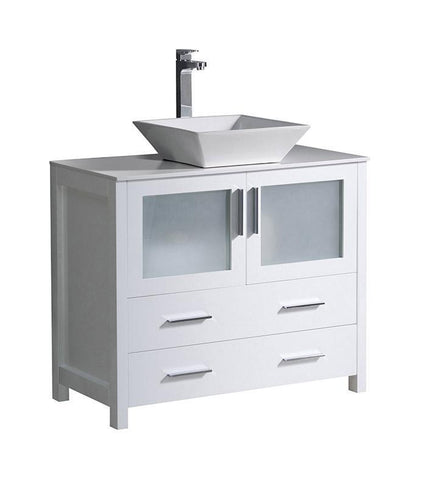 Image of Fresca Torino 36" White Modern Bathroom Cabinet w/ Top & Vessel Sink FCB6236WH-CWH-V