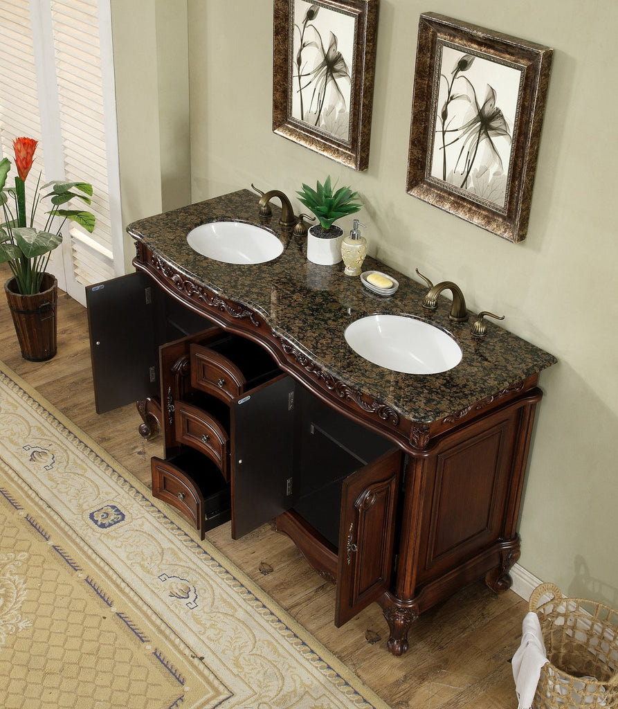 Stufurhome 60 inch Saturn Double Sink Vanity with Baltic Brown Granite ...