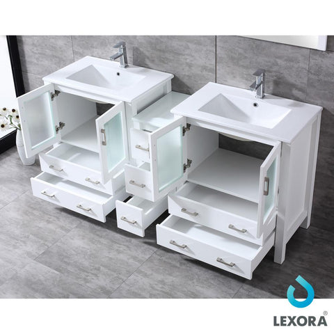 Volez 72" White Double Vanity w/ Side Cabinet | Integrated Top | White Integrated Square Sink and 28" Mirrors