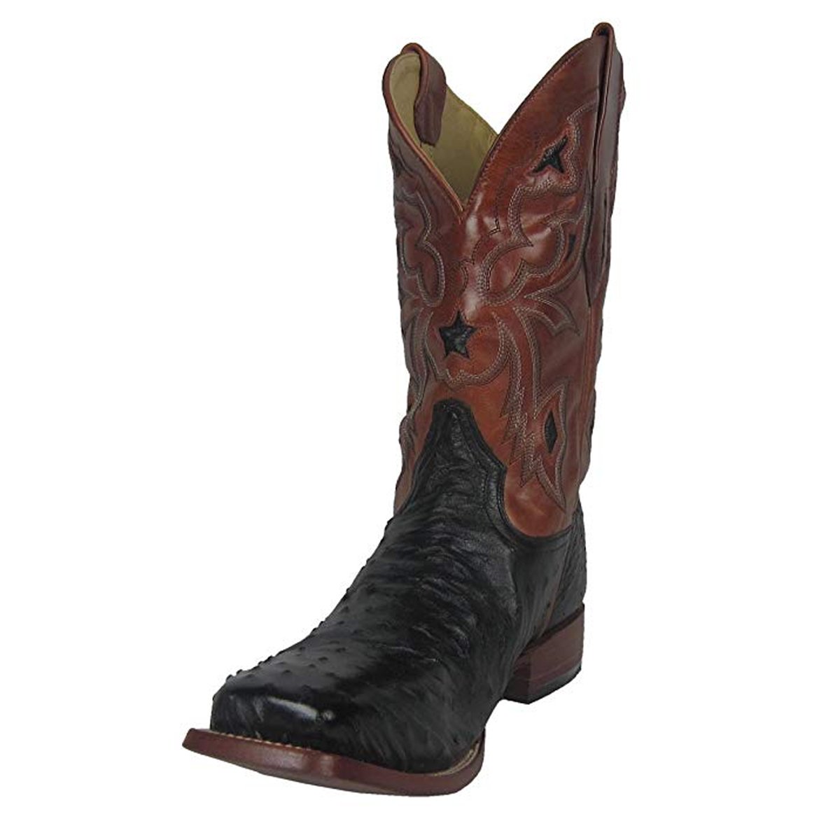Men's Black Small Quill Ostrich Leather Star Inlay Square Toe Cowboy B ...
