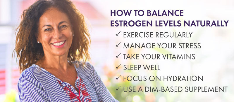 image of happy middle-aged woman outdoors, overlayed with text describing "how to balance estrogen levels naturally"