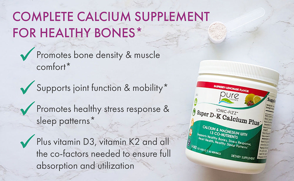 Ionic-Fizz Super D-K Calcium Plus product displayed on countertop next to text describing it's benefits for bone health