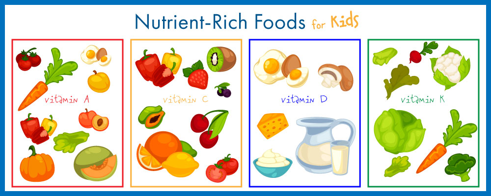 infographic showing nutrient-rich foods for kids, featuring foods rich in vitamins A, C, D, & K