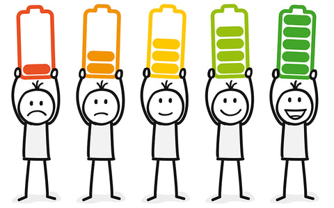 illustration of stick figures holding batteries with energy levels that match their different facial expressions - ranging from exhausted to energized