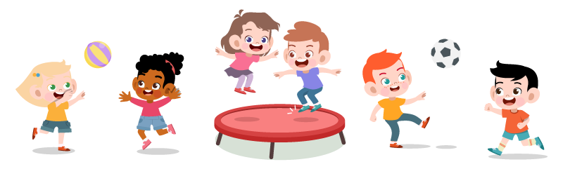 illustration of kids doing outdoor activities - playing catch, soccer, and jumping on trampoline