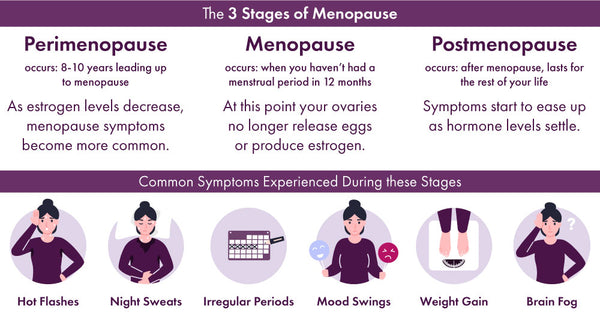 infograph describing the 3 stages of menopause and some common menopause symptoms