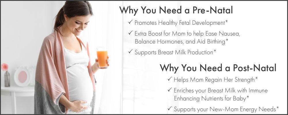 image of pregnant woman drinking orange juice | overlaying text describing why you need a pre-natal and post-natal