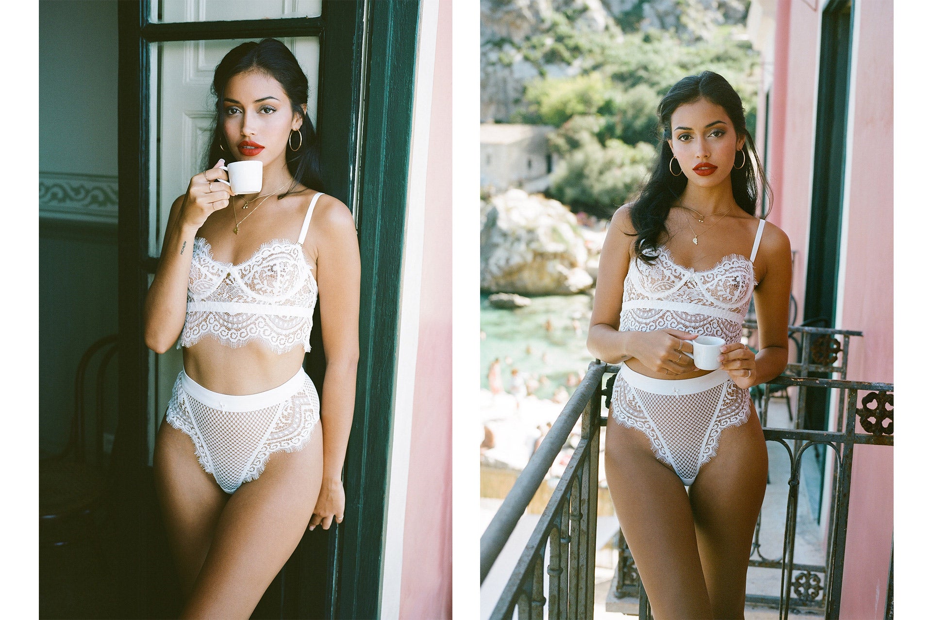 Cindy Kimberly drinking a cup of tea, wearing the Full On Glam Balcony set in Sweet Ivory