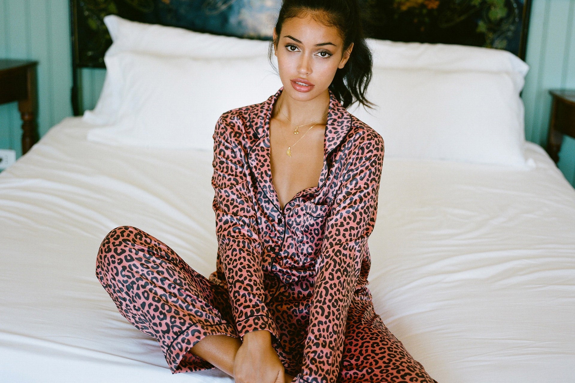 Cindy Kimberly wearing the Delight Peach Leopard Print PJ
