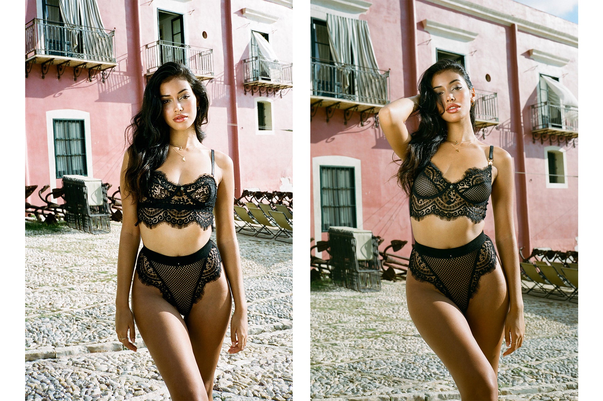 Side-by-side photos of Cindy Kimberly wearing the Full on Glam Demi and Balcony Sets in Sexy Black