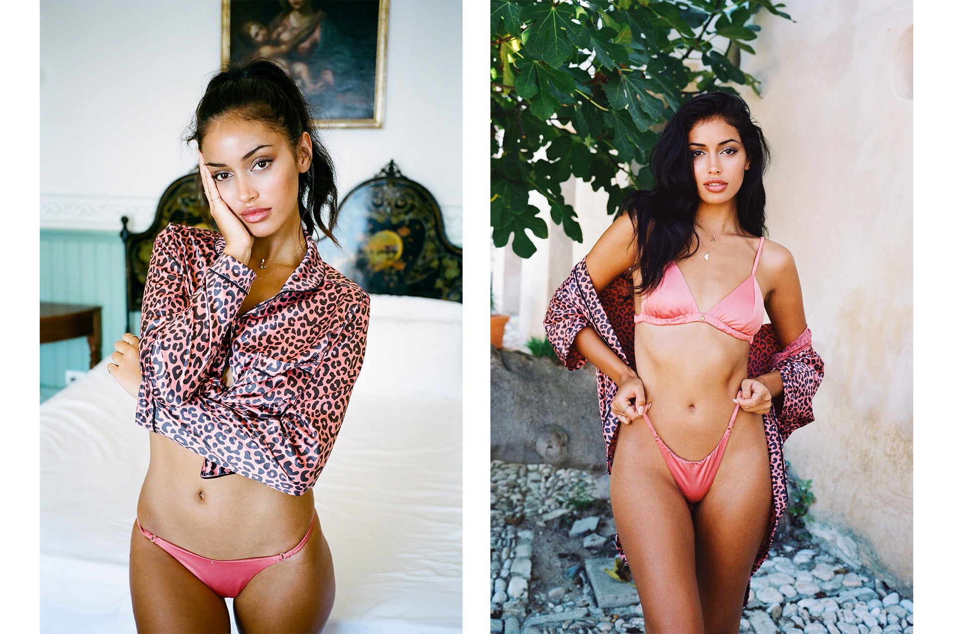 Dual photos of Cindy Kimberly wearing the Delight Peach Triangle Set with the Delight Peach Leopard Print Jacket and Kimono, respectively