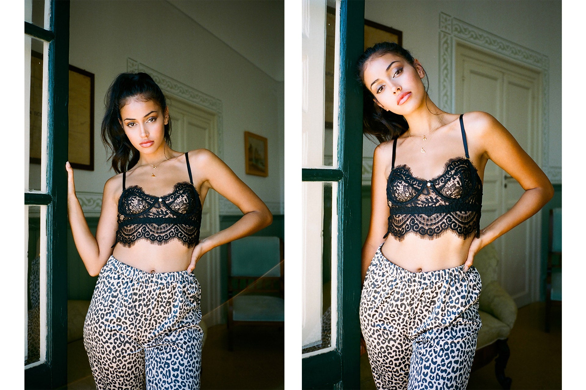 Cindy Kimberly wearing the Full On Glam Balcony Bra with the Delight Latte Leopard Print Long Pant