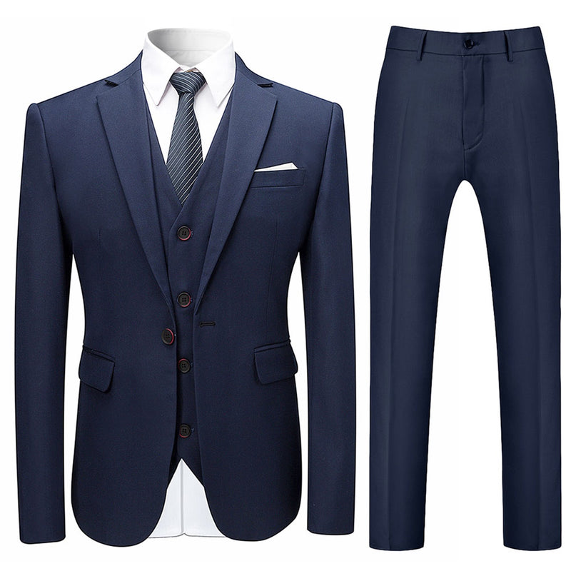 Mens 3 Piece Suits, One Button Slim Fit Solid Color Wedding Tuxedo