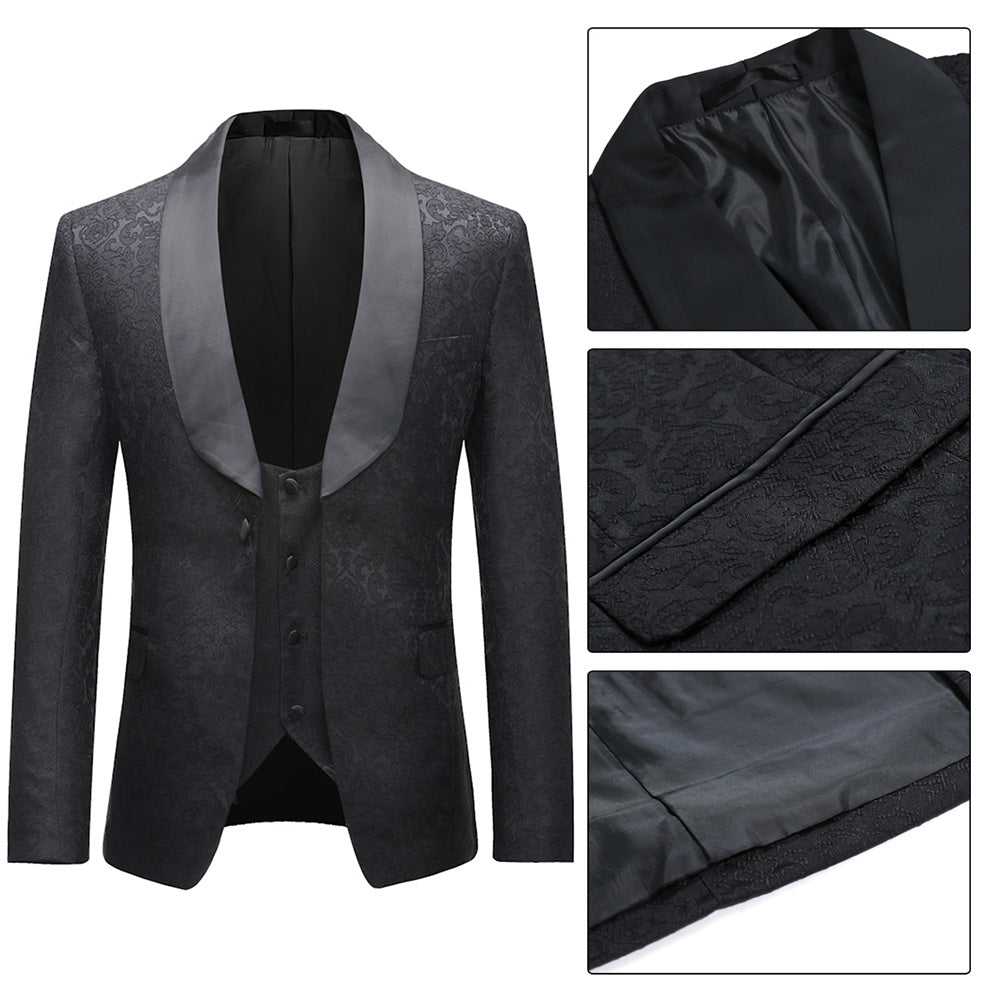 Mens 3-Piece Slim Fit Black Dress Paisley Suit - Cloudstyle