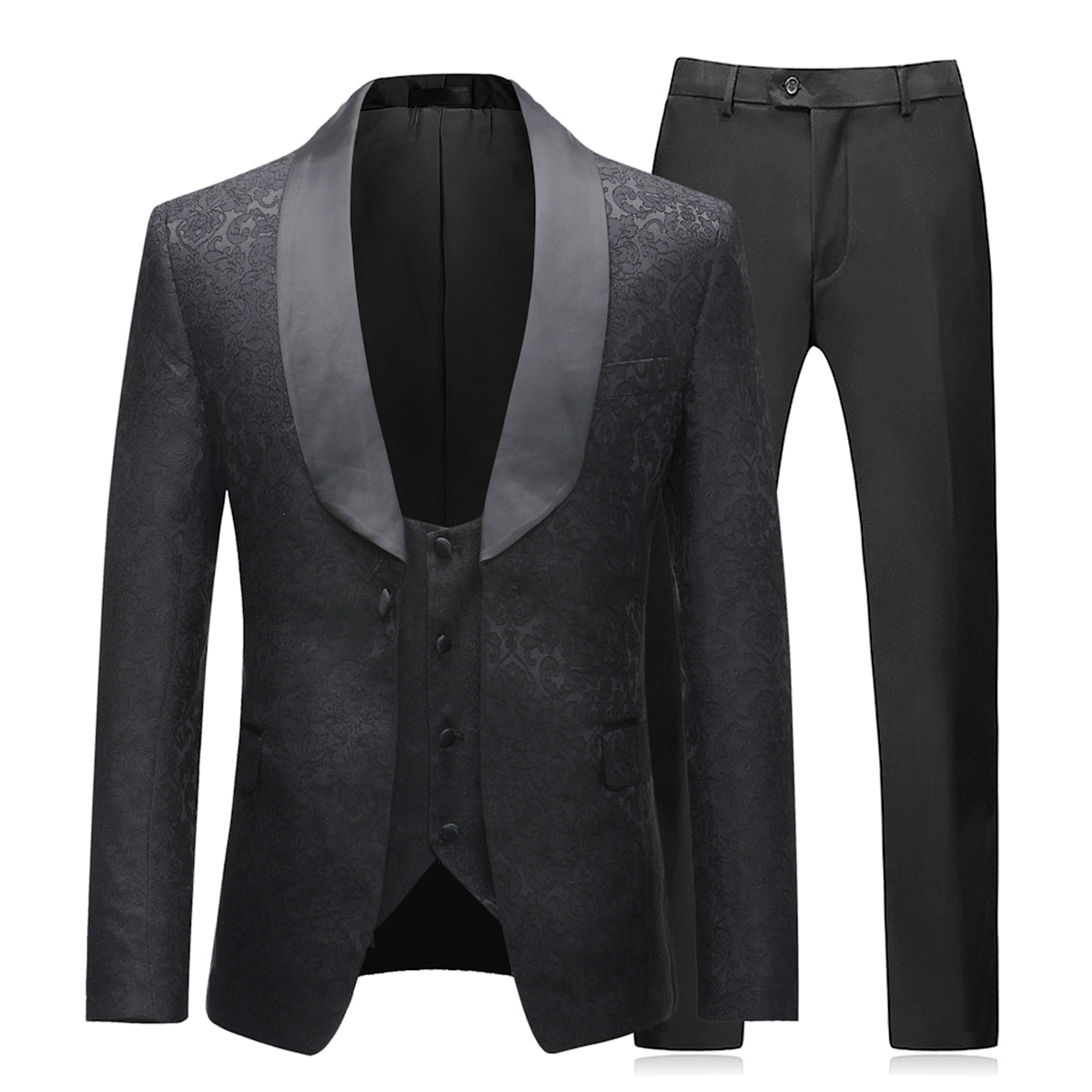 Mens 3-Piece Slim Fit Black Dress Paisley Suit - Cloudstyle