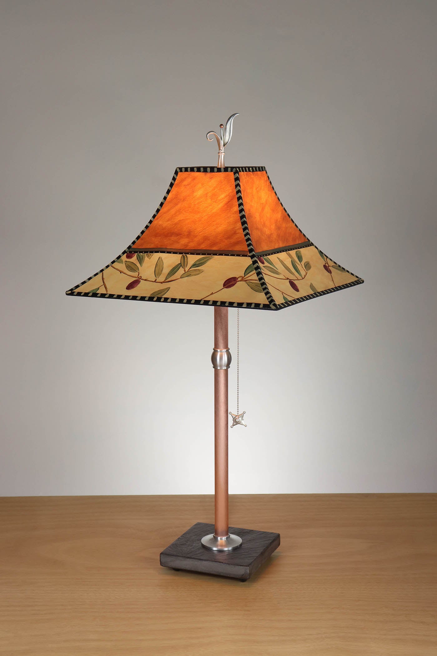 Copper Table Lamp with Medium Pagoda Shade in Olive Coin in Rust