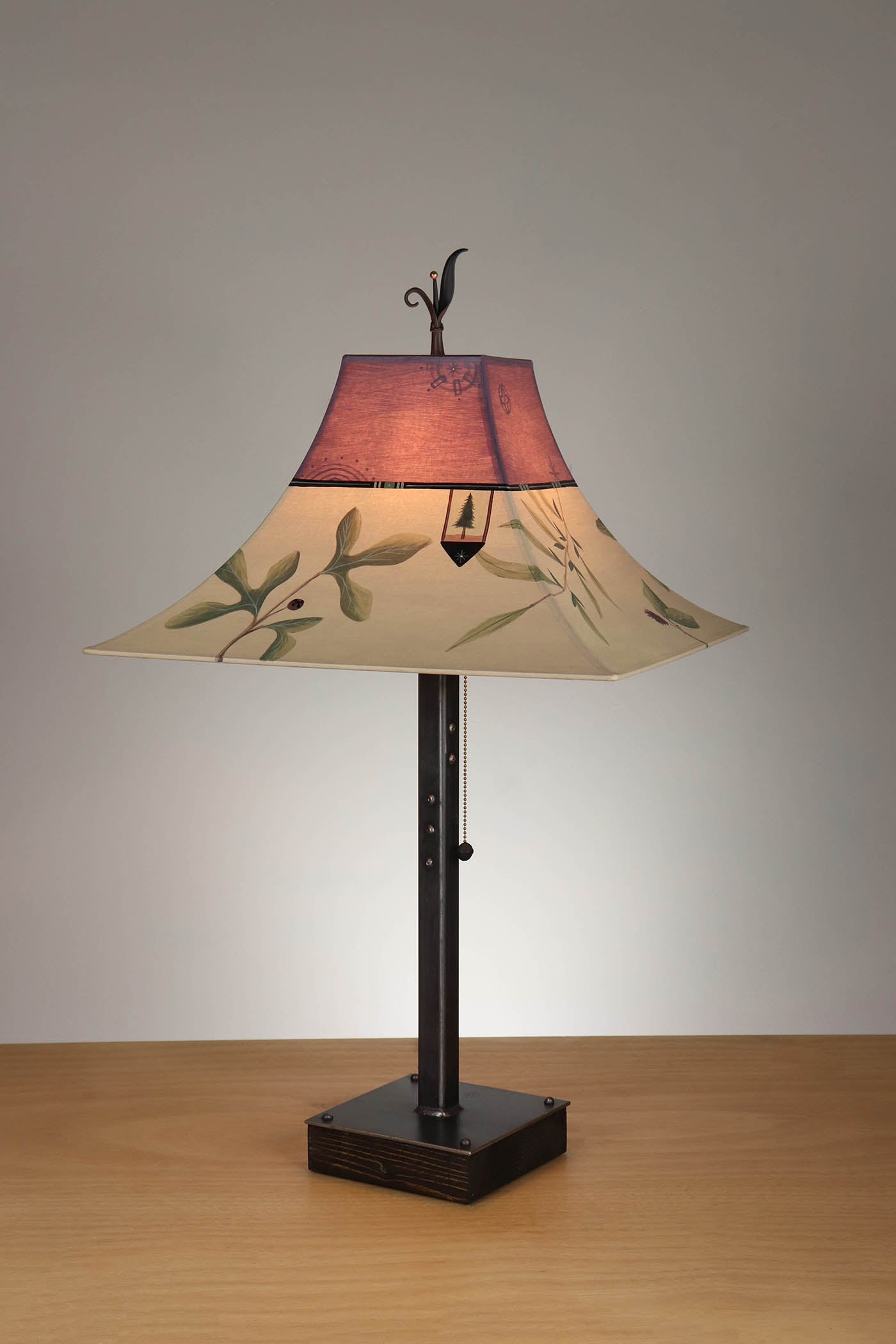 Steel Table Lamp on Wood with Large Pagoda Shade in Mixed Leaves in Buff and Grape