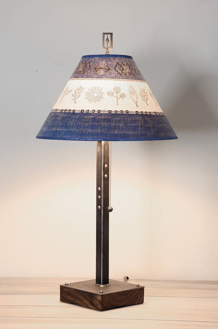 Steel Table Lamp on Wood with Medium Conical Shade in Woven &amp; Sprig in Sapphire